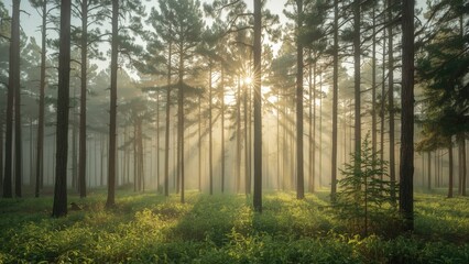 Obraz premium Golden sunlight filters through tall pine trees in a misty forest, creating a serene and tranquil atmosphere.