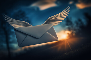 Flying envelope with wings flying in the sky background, mail delivery sms.