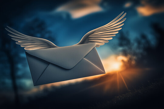 Flying envelope with wings flying in the sky background, mail delivery sms.