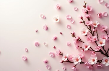 Fototapeta premium Delicate pink cherry blossoms scattered on light pastel background. Floral design with branches, petals, buds. Springtime floral pattern. Fresh spring design. Romantic, gentle, sweet illustration for