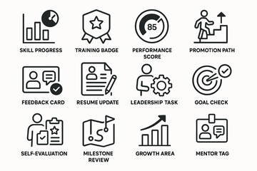 Skill development icons: progress, training, performance, promotion, feedback elements