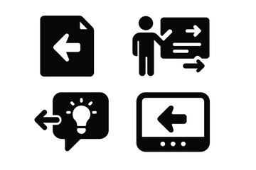 Onboarding Icons Set. Solid style icons of onboarding and tutorial: tutorial back arrow, previous step guide, tip panel back icon,