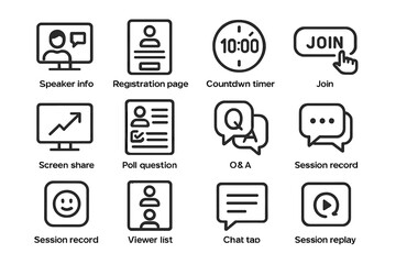Webinar interface elements: icons for registration, polls, and session interaction