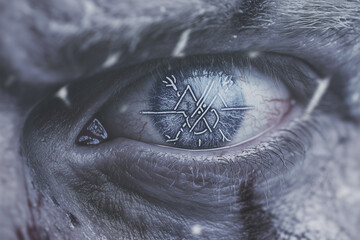 Obraz premium Viking eye close up with ancient runes inside..
