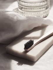 Aesthetic still life of a toothbrush placed on a ceramic tray with natural light. Modern and calming morning routine mood, wellness and dental care concept.