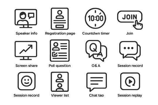 Webinar interface elements: icons for registration, polls, and session interaction