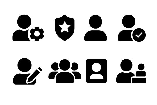 User Role Icons. Solid style icons of user types and roles: admin user icon, moderator badge, guest user, registered profile,