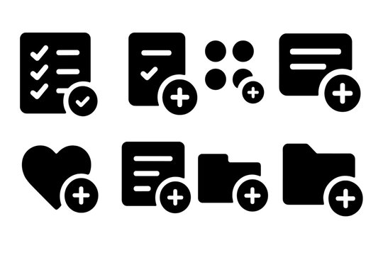 Add Item Icons. Solid style icons of adding to list or group: checklist add icon, task with plus, to-do item add, collection add,