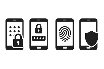 Phone Security Icons. Solid style icons of phone lock: keypad lock icon, password entry on phone, biometric screen lock, shielded