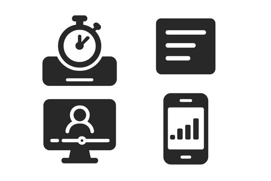 Screen Time Icons. Solid style icons of screen time tracking: stopwatch above mobile dock, daily log card, user monitor with
