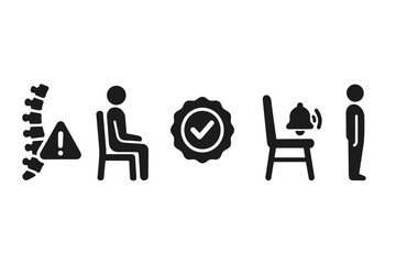 Posture Icon Alerts. Solid style icons of posture reminder: spine with alert icon, sitting figure with straight back, posture