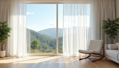 Fototapeta premium Bright living room with white sheer curtains, large window overlooking mountains. White armchair and sofa, plants create natural vibes. Sunny day, interior design, modern apartment.