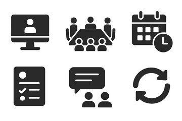 Project Meeting Icons. Solid style icons of project meetings: group video, board table, call link, event schedule. Solid style of