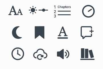 User interface icons: text, sun, list, clock, moon, bookmark, comment, cloud, speaker, books