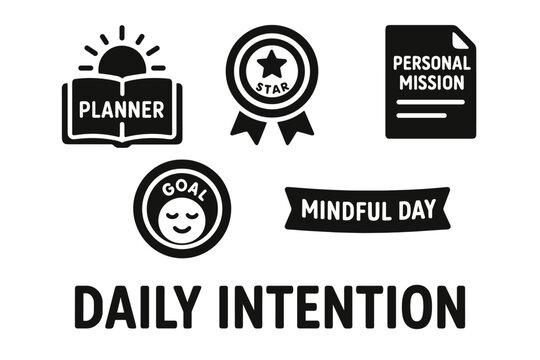 Daily Intention Icons. Solid style icons of daily intention: sunrise with planner icon, star target badge, personal mission note,