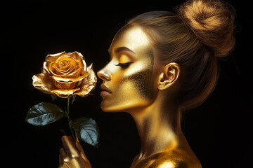 Profile close up Portrait of young woman painted in golden glossy colour. Women in golden stylish fashion photography. women holding golden rose in her hand.