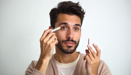 Handsome man applies concealer under eye, showing male grooming. Skincare routine for younger look, perfect skin. Beauty tutorial with cosmetic product. Health, wellbeing lifestyle portrait.