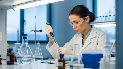 Female scientist using pipette in laboratory, conducting research with beakers and test tubes - Powered by Adobe