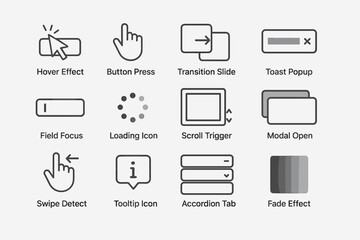 Ui interaction icons: hover, button, transition, tooltip, modal, swipe, loading, scroll