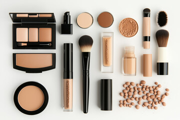 A set of makeup products, Top view of various beige and brown makeup products, arranged on a white background. The products should be displayed neatly.  Cosmetic product.  make up brush,  foundation.