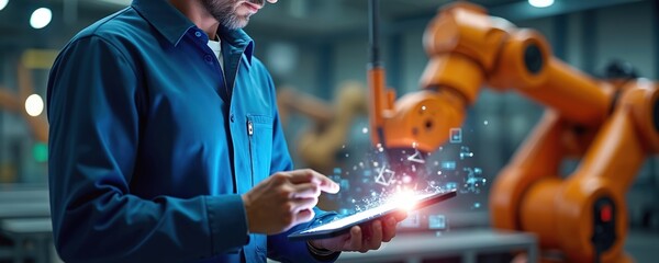 Engineer uses tablet controls welding robotic arms machine in auto factory. Digital manufacturing operation. Industry 4. 0, AI. Automation, robot arms, smart tech, innovation in progress. Modern