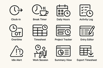 Icons for time management tools and project tracking features