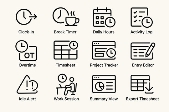 Icons for time management tools and project tracking features