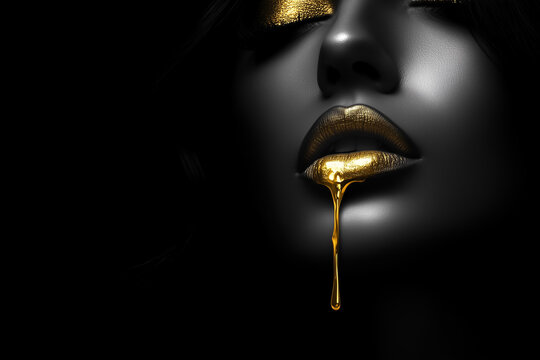 Beautiful stunning Black and white photograph portrait of a beautiful portrait face of a fashion model women golden lipstick dripping from her mouth on a black background. Fashion.