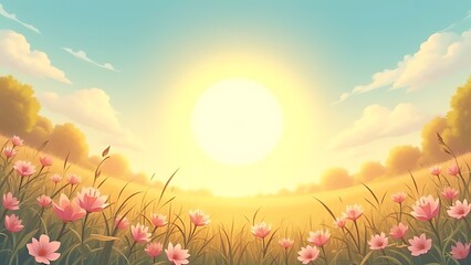 Serene Sunset over a Field of Pink Flowers