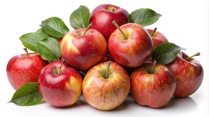 A vibrant and appetizing pile of ripe apples with green leaves