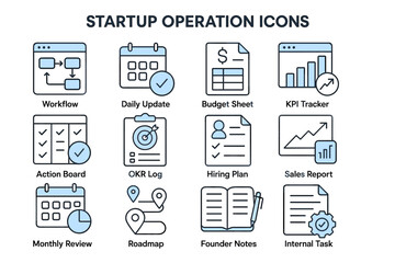 Startup operation icons set: workflow, budget, kpi, sales, tasks