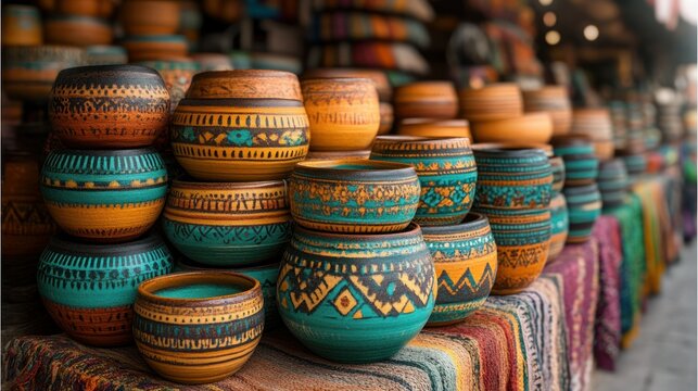 Hand-painted pottery bowls displayed for sale at market