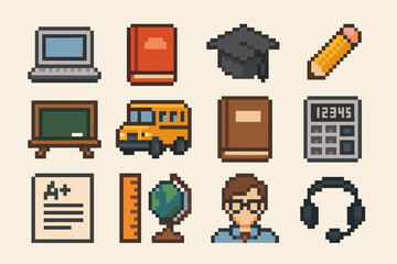 Pixel art school icons: laptop, book, graduation cap, bus, teacher