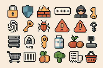 Retro pixel security and shopping icons featuring locks, keys, and fruit