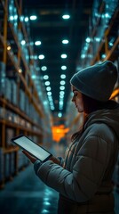 Woman in warehouse using tablet computer at night Modern technology in logistics and inventory management