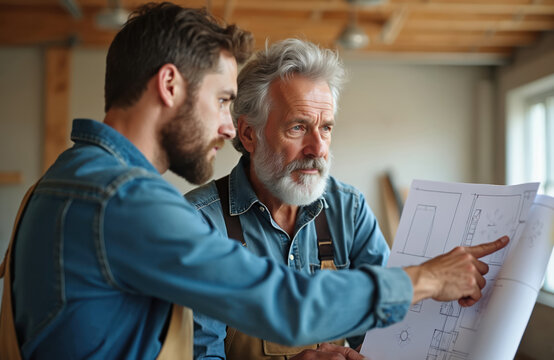 Senior carpenter shows blueprint to young apprentice, mentoring. Men work on construction project. Team discuss home design plans. Construction worker with architectural drawings. Two men with beard