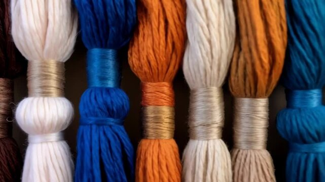 A Vibrant Array of Colorful Embroidery Floss Bundles, Neatly Wrapped with Thread, Showcasing a Spectrum of Shades, Textures, and Craftsmanship