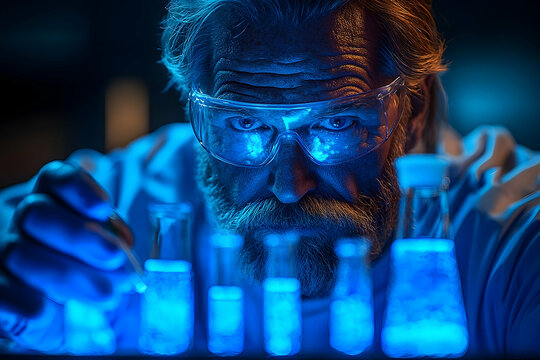 Focused senior scientist conducting chemical research in a lab