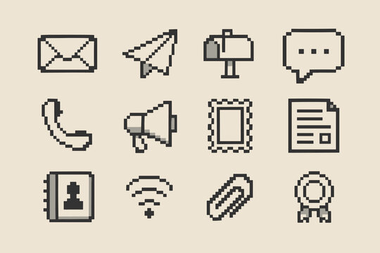 Retro pixel communication icons including mail, phone, and wi-fi symbols