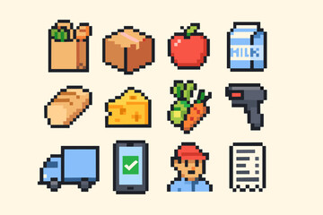 Retro pixel art of grocery shopping essentials and delivery concepts