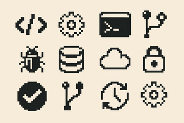 Retro pixel icons of technology and security elements