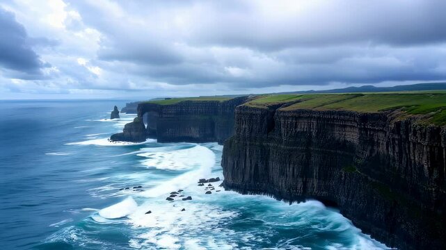 Breathtaking aerial view of the cliffs of moher, Ireland, wild atlantic way