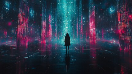 Silhouette figure in a futuristic, digital city