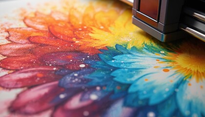 Close-up illustration printer printing colorful vibrant art flower on paper. Detail shows digital printing process. Modern tech create high quality precision print output. Digital printing, workflow,