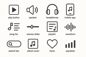 Music icon set: play button, speaker, headphones, mobile app, song list, volume slider
