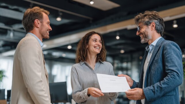 Employee Receives Achievement Certificate from Manager

