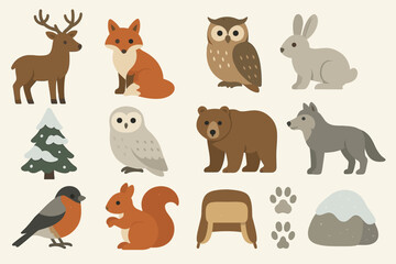 Cartoon woodland animals collection: fox, owl, bear, and more