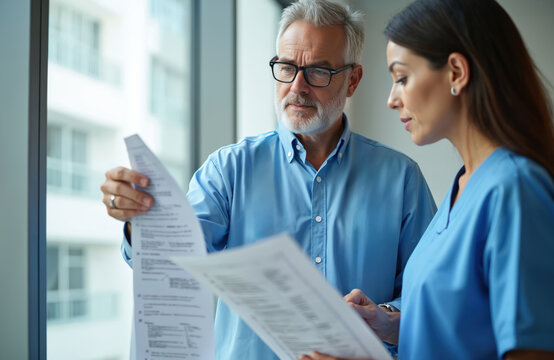 Two medical professionals discuss patient records, healthcare collaboration. Senior man, nurse review patient documents near window. Doctors teamwork, focus on treatment. Healthcare staff working - Powered by Adobe