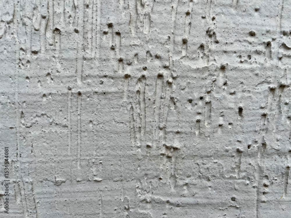 Poster rough white stucco wall with weathered pitted texture and subtle vertical drip patterns ideal for gr