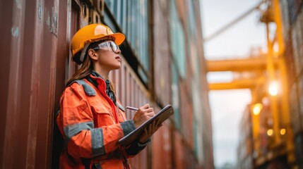 Female Foreman Inspecting Shipping Containers at Port